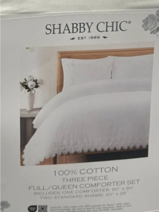 Shabby Chic White Full/Queen Cotton Comforter Set with Eyelet Trim 90”x90”