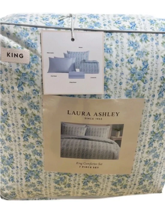 Laura Ashley Floral Blue, Green and White 7 Piece King Comforter Set 106”x92”