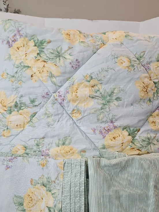 Laura Ashley Lifestyle Pale Blue Yellow Rose Green Stipes Cotton Comforter Shams