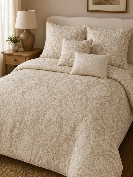Nicole Miller Home Damask Comforter Set Queen Full 92x96 Reversible Cotton 5pc