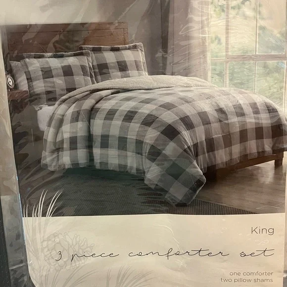 Farmhouse rustic 3 pc Sherpa Plaid Comforter Set gray & White