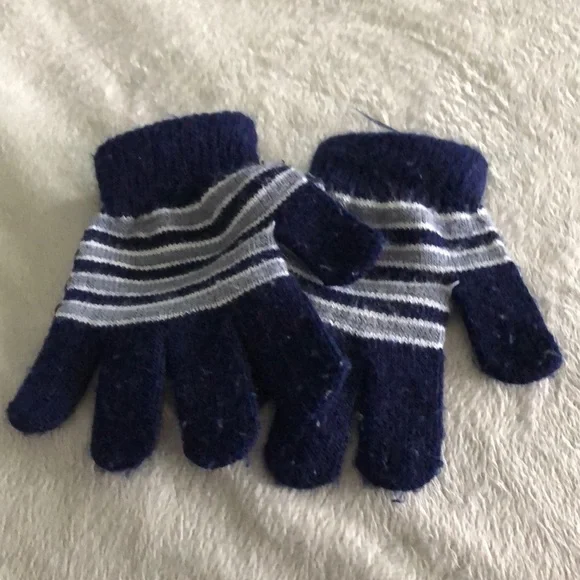 Blue & Gray striped toddler knit gloves