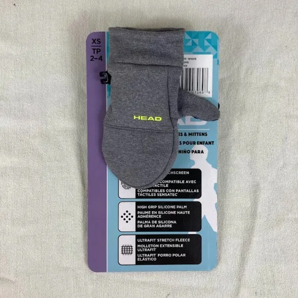 HEAD Kids Touchscreen Gloves Mittens XS 2-4 Gray Grip Fleece NWT