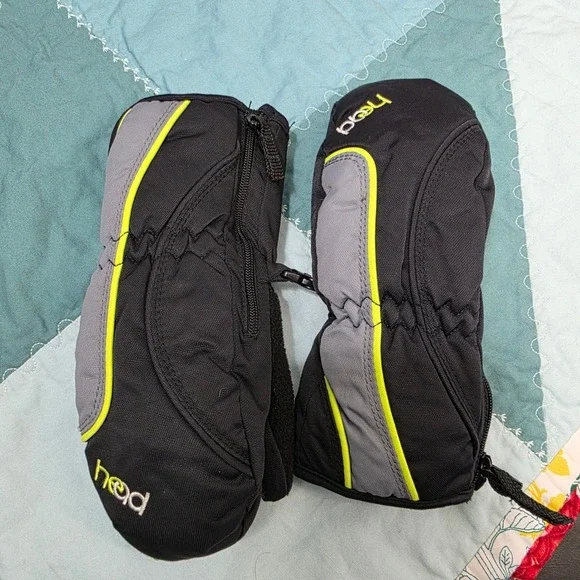 Head Outlast Ski Mittens Youth XS Black Grey Neon Yellow Fleece Lined Zipper