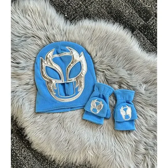 Blue Fleece Kids Luchador Wrestling Mask &‎ Mittens Winter Hat WWE Rey Mysterio
