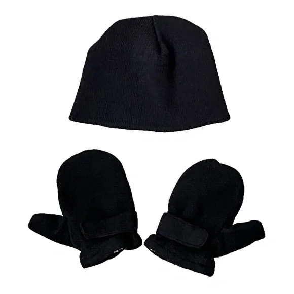 Toddler Kids Black Knit Beanie Hat & Mittens Set One Size