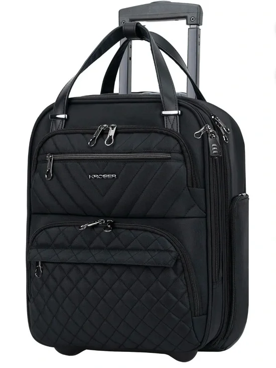 KROSER Black Quilted Rolling Briefcase with Multi-Compartment Organization