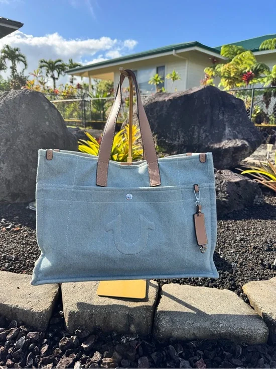 True Religion Light Wash Denim Tote Bag Large Horseshoe Shopper