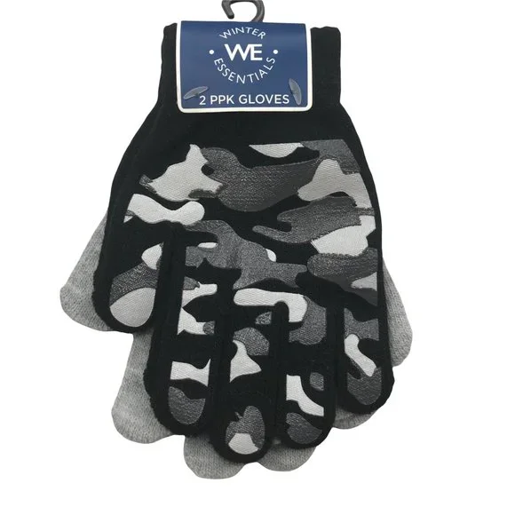 2 Pair Pack Winter Essentials Boys One Size Black Vinyl Camo Gray Plain Gloves