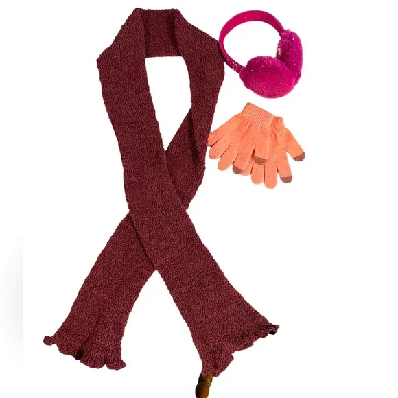 Super soft girls mauve scarf, Justice earmuffs & sweater mittens
