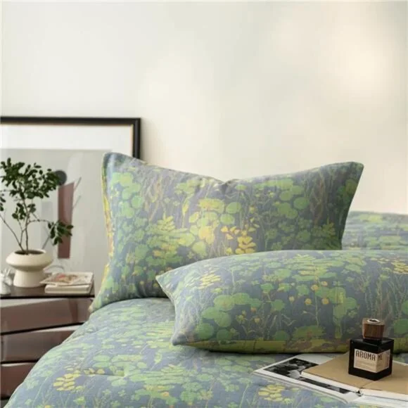 NEW Anthro Blue Green Floral Reversible Queen King Bedspread Comforter Sham Set