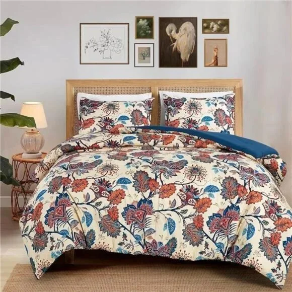 NEW Anthropologie Red Blue Floral Queen / King Boho Comforter Bedding & Sham Set