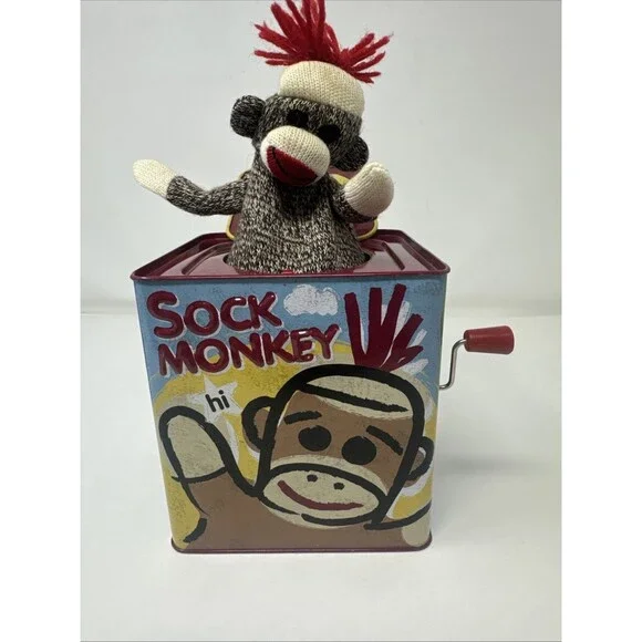 Schylling Brand Original Sock Monkey Jack-In-The-Box - Funny Tin Musical Toy