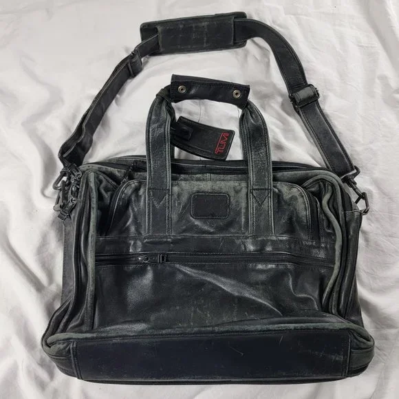 Tumi Alpha Black Leather Expandable Organizer Briefcase Bag Casual Travel Work