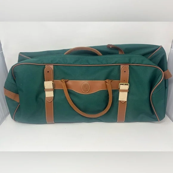Set-POLO RALPH LAUREN Rolling Duffel/Toiletry Bags Carry On Green Canvas VTG NEW