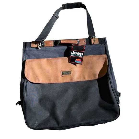 Jeep Travel Garment Bag Black Canvas Tan Trim‎ Suit Carrier Vintage