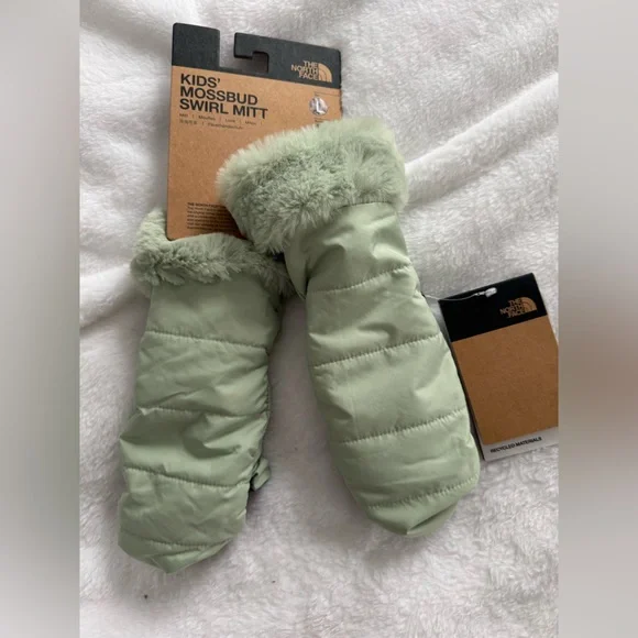 The North Face Sage Green Mittens with Fur Trim