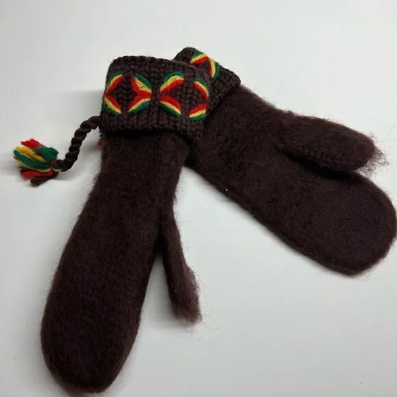 100% Wool Handmade Yellow And Brown Mittens/Gloves size 6 Made in Norway