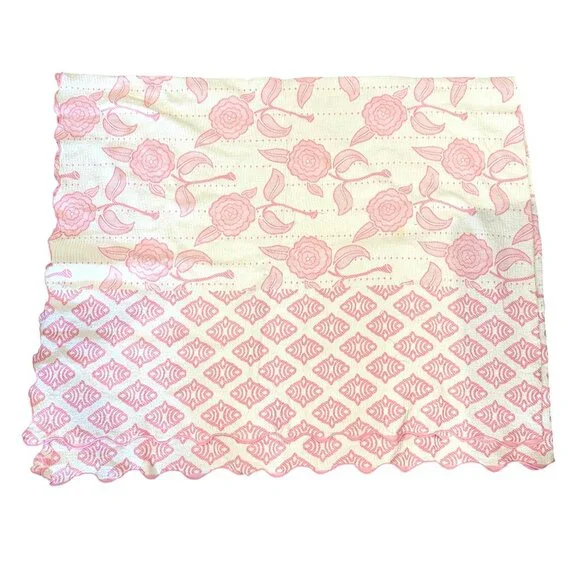 Vintage Pink Floral Coverlet Quilt 94x74 Embroidered Cotton Scalloped White