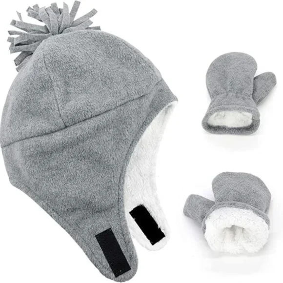 2-3 Y Toddler Sherpa Lined Warm Fleece Pilot Hat and Mitten Set X002CH434J