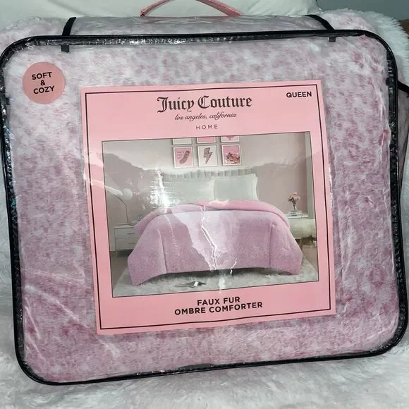 Juicy Couture Pink Leopard Cheetah Animal Print Faux Fur Queen Size Comforter
