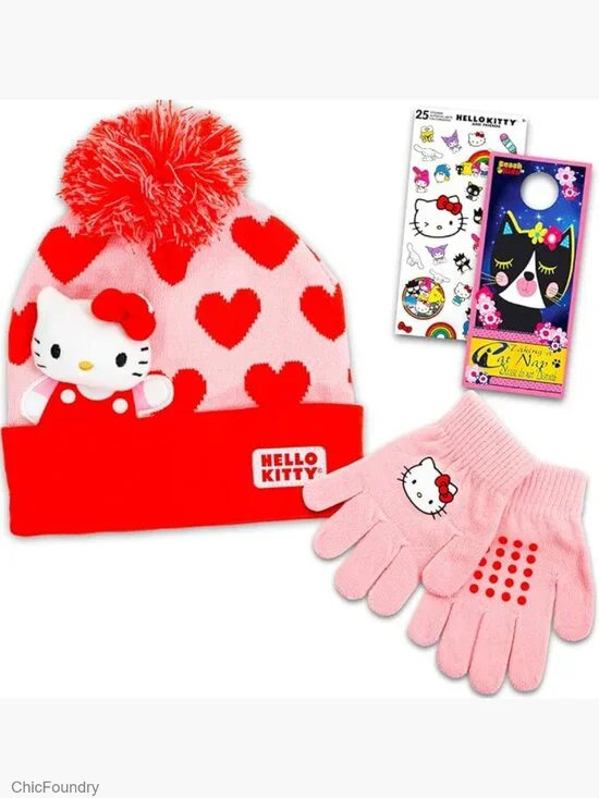 Girls Winter Hat and Gloves Set with Stickers
