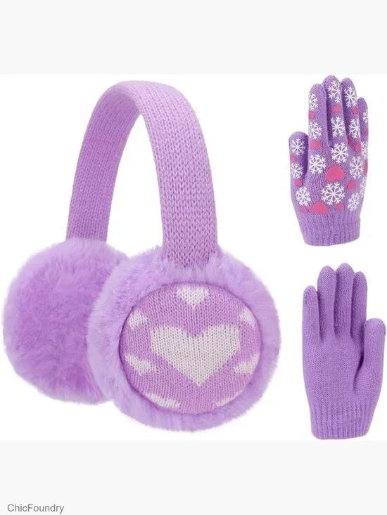Kids Winter Earmuff and Gloves Set Plush Fleece Warm Snow Accessories 3-15