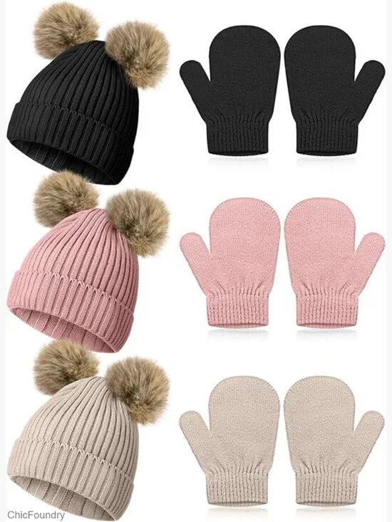 3-Piece Toddler Hat & Glove Set, Winter Knitted Beanie Mittens with Bow