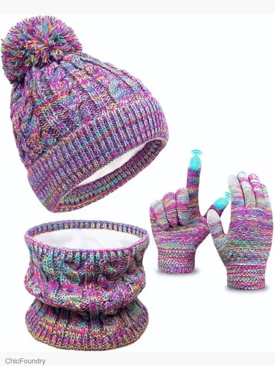 Kids Winter Hat Gloves Scarf Set, Toddler Beanie Knitted Mittens Neck Gaiter