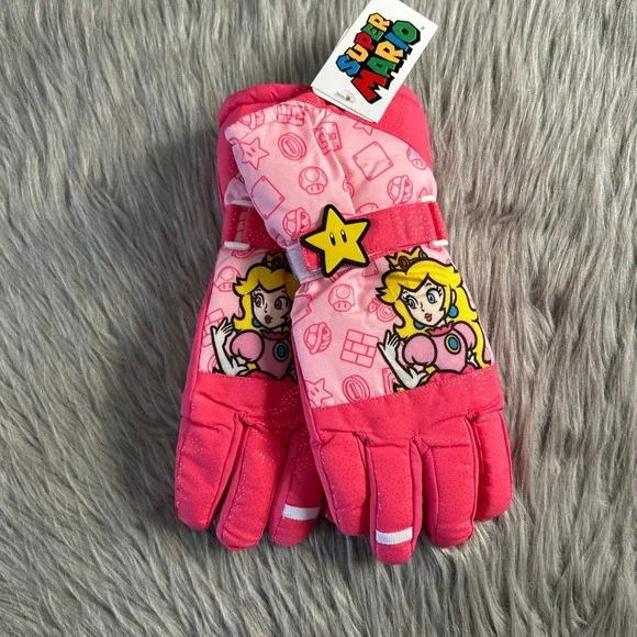Nintendo Super Mario Snow Gloves Girls Size Small/Medium Pink Princess Peach