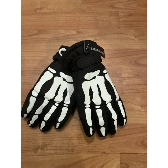 Faded Glory Thinsulate Gloves Skeleton Print Kids S/M Black White