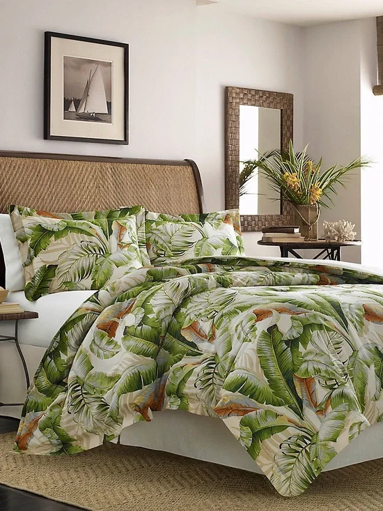 Tommy Bahama Palmiers Green Cotton Sateen Reversible 4Pc Comforter Set KING