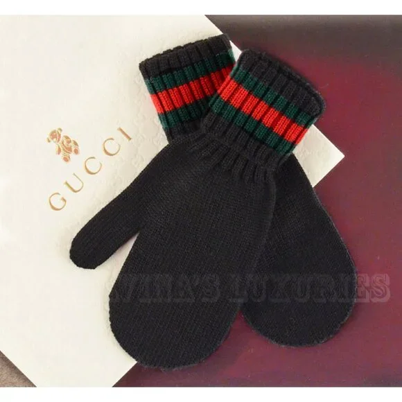 GUCCI GOLVES MITTENS KNIT BLACK WOOL SIGNATURE WEB Toddler's Kid's 269522 sz S
