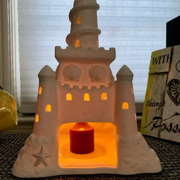 PartyLite Retired White Bisque Porcelain Sand Castle Tea Lite Candle Holder