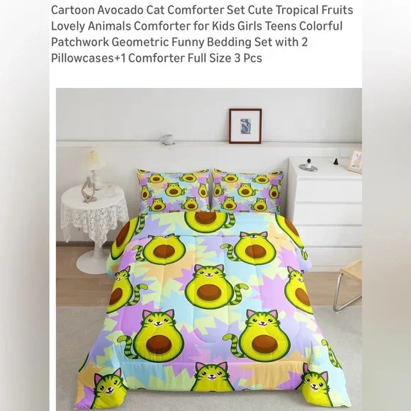 Colorful Avocado Cat Full Size Comforter and Sheet Set