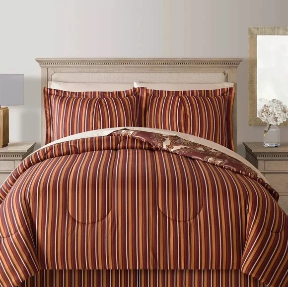 Lanwood Odyssey Red Scroll/Stripe Reversible 8pc Comforter Set Queen Wine Red