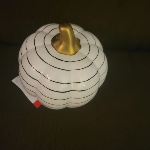 Gold Stem Orange Pumpkin & White Ceramic Pumpkin With Black Circles Pattern