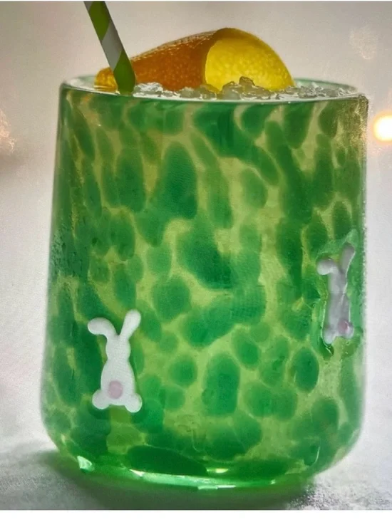 Anthropologie Icon Confetti Green Bunny Pattern Glass Tumbler NEW