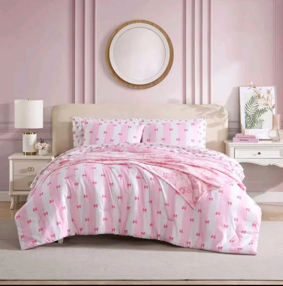 8pc Betseyville by Betsey Johnson Queen Bow Striped Bed Set Bright Pink