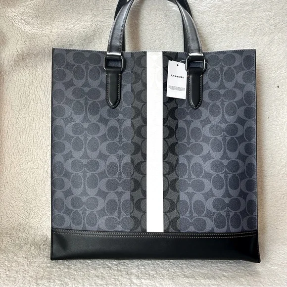 NWT COACH Men’s Signature Web Tall Tote Bag Black & Gray