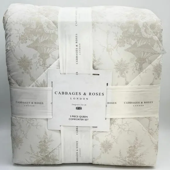 Cabbages & Roses Burleigh Linen Floral Toile QUEEN Comforter Bedding 3pc Set NEW