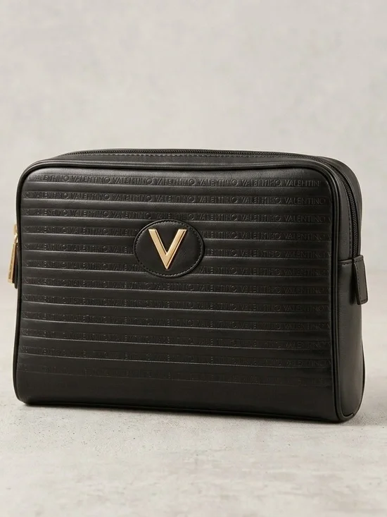 Mario Valentino Logo Vintage Black Leather Clutch Toiletry Travel Pouch Case