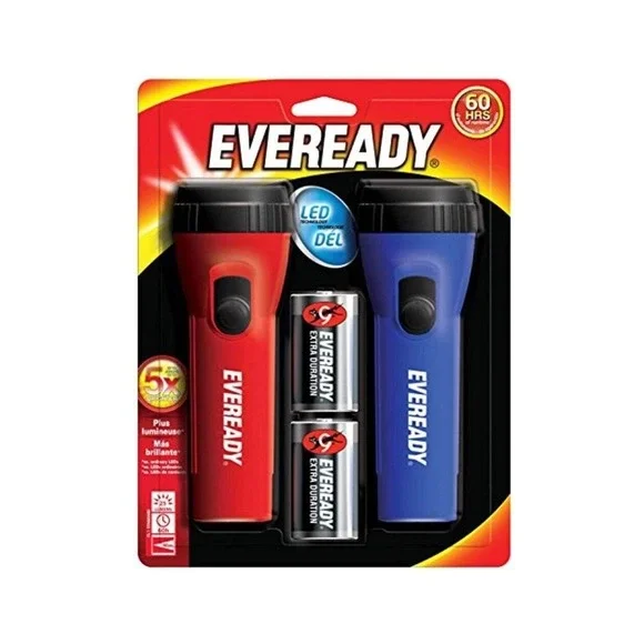 Eveready LED Flashlight 2-Pack Red & Blue‎ 60 Hours Extra Duration Batteries