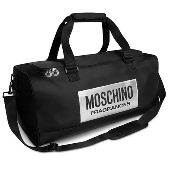 Moschino Black Duffel Bag with Silver Logo Patch