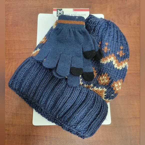 Members Marks Kids Blue and Orange Knit Hat and Glove Set Medium NWT