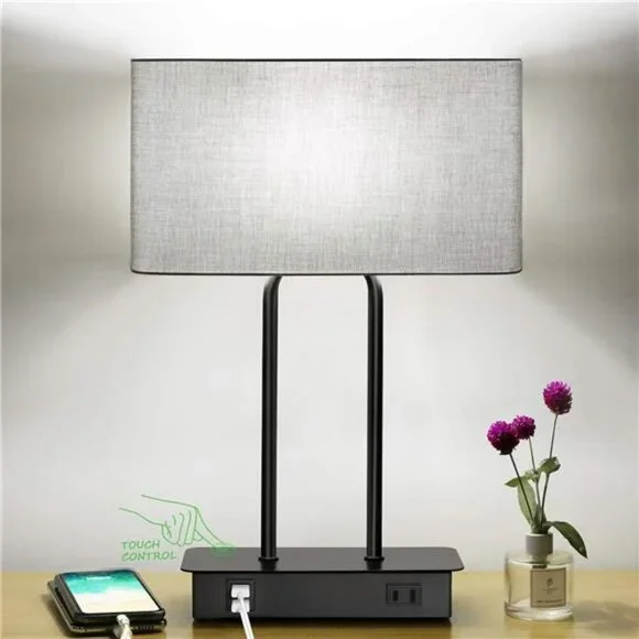 Touch Control Bedside Lamp with USB Ports Outlet 3 Way Dimmable Nightstand Light