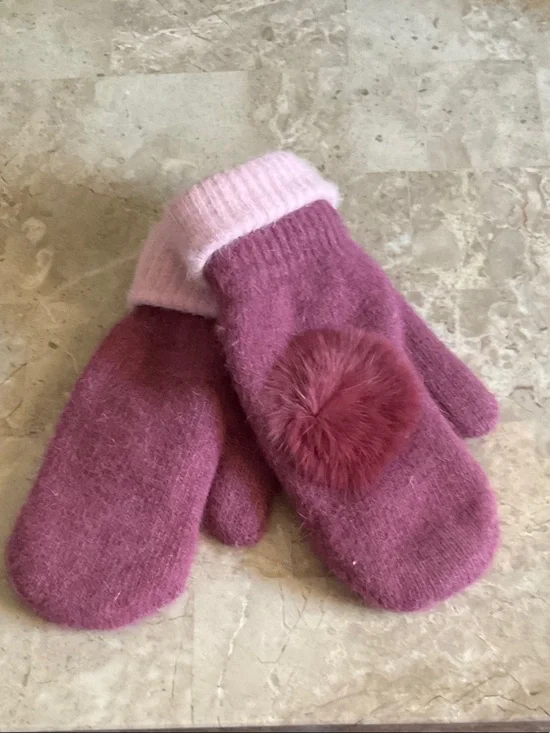 Kids Pink Pom-Pom Mittens - Soft Plush Winter Gloves