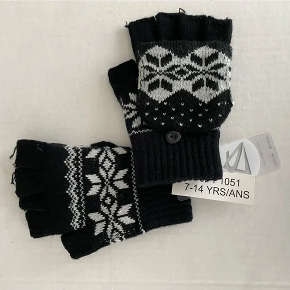 Girls Black Gray Jacquard Knit Glittens with Buttons
