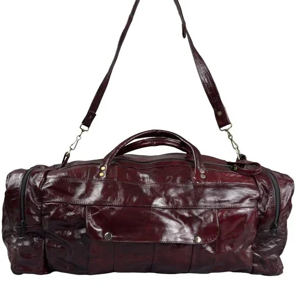 Vintage Patchwork Leather Duffel Bag Burgundy Weekend Travel Shoulder Strap