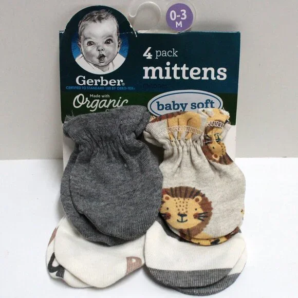 New 4 Pack Gerber Baby 0 - 3 Months Mittens Made With 100% Organic Cotton
